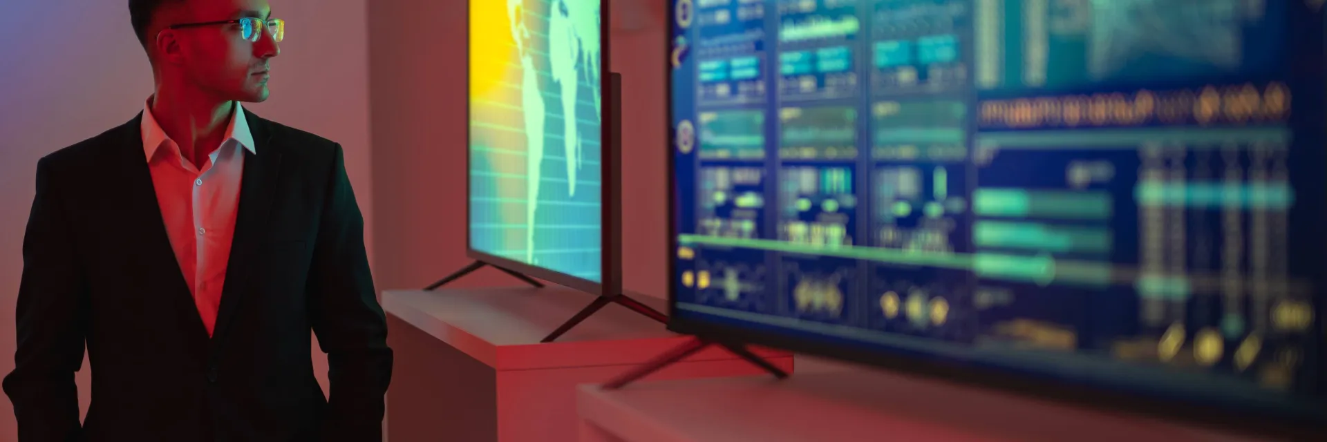 Trader devant un tableau présentant des indices boursiers